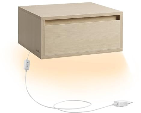 VASAGLE Nachttisch hängend, Leuchte mit 3 Farben, schwebendes Wandregal, Schublade, 35 x 40 x 18 cm, modern, Wohnzimmer Schlafzimmer, naturbeige LET654N01