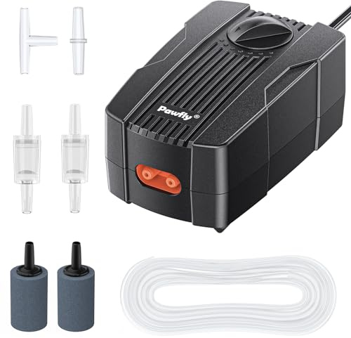 Pawfly Aquarium Air Pump 50 GPH Fish Tank Oxygen Pump for 10-60 Gallon Fish Tanks Buckets Dual Outlet Adjustable Ultra Quiet Aerator Pump with Airline Tubing Air Stones Connectors and Check Valves