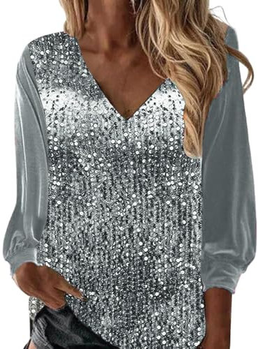 Sequin T-Shirt Dress - Long Sleeve V-Neck Casual Blouses for Women - UK Solid Colour Womens Tunic Tops - Elegant Loose Plus Size Sparkly Tops - Lightweight Soft Tunic Pullover Tee Shirts