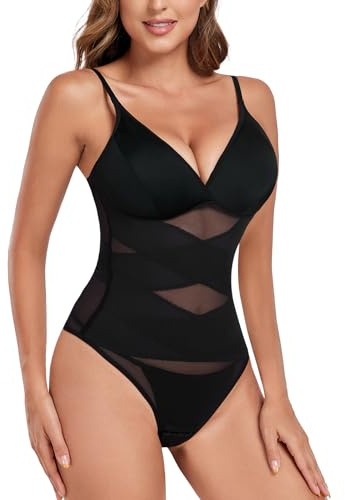 Tuopuda Shapewear Damen Bauchweg Body Shaper, Stringbody mit BH Bodysuit Women Formender Body Sculpting Shaping Top V-Ausschnitt Jumpsuit Figurformender Tanga Thong, Schwarz, XL