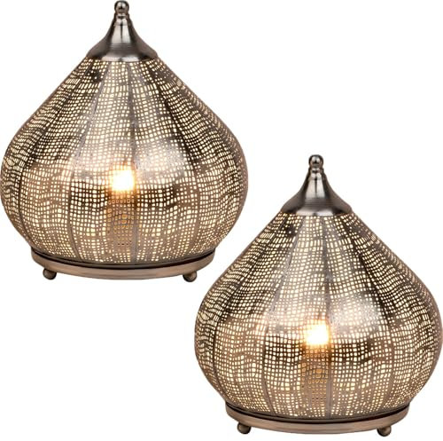 Marrakesch 2er Set Orientalische Deko Tischlampe Nachttischlampe 28cm groß | Boho Tischleuchte Lampe im Wohnzimmer Schlafzimmer & Kinderzimmer | Tischleuchte Jamiel silber aus Metall E27 Lampenfassung