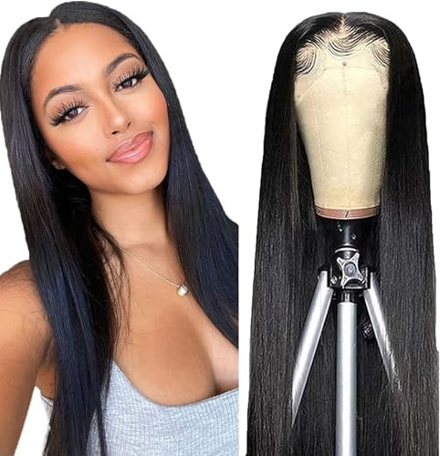 Salharer Echthaar Perücke für Damen Perücken Straight Human Hair Wig 13x6 Lace Front Wig 100% Brasilianisches Perücken Echthaar mit Babyhaar Any Part Natural Black Color 30 Inch