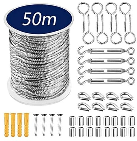 WENYOG Drahtseil 1 Set Multifunktionale Drähte Seil Hängen Kit Edelstahl Kabel Draht Zelt Schnur Hängen Wäscheleine Seil for Trocknen von Kleidung(Type4 50M)