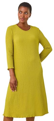 Roman Textured A-Line Stretch Midi Dress for Women UK - Ladies Autumn Everyday Winter Holiday Round Neckline Comfy 3/4 Sleeve Soft Jersey Frock Warm Cozy Gowns - Green - Size 18