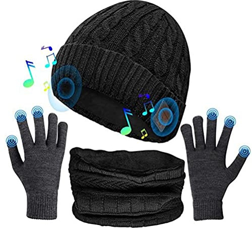 Masyrt Regalos para Hombres Gorro Bluetooth, Gorro 3 en 1 Bluetooth V5.0 con Juego de Guantes con Pantalla Táctil, Gorro Unisex con Auriculares para Correr Esquí Senderismo, Familia