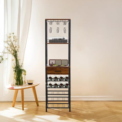 Warmiehomy Wine Racks Free Standing Indoor Home Bar Wine Storage Shelf for Living Room Bedroom Kitchen Dining Room Office Bistro Pub with 20 Wine Bottle Holder, 3 Rows Wine Glass Rack, Wooden Drawer