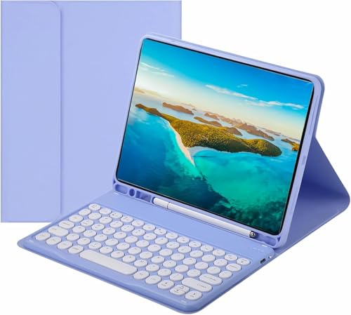 NUWONAYA Keyboard Case for Galaxy-Tab A8 10.5inch,Slim Round Key Cute Candy Color Stand Cover with S Pen Holder,Magnetic Detachable Wireless Keyboard,Purple