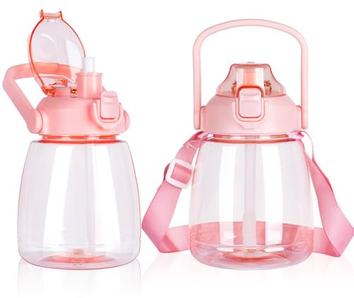 YOBOKO 1.1L Large Water Bottle Lovely Wide Mouth Drink Bottle with Handle Leak Proof Big Bottle with Straw and Adjustable Strap for Camping Cycling Gym Sports (1PC, Pink)