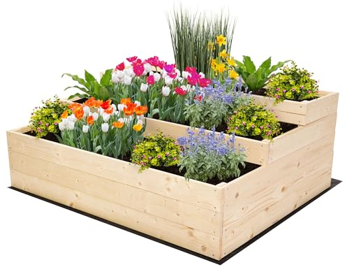 MODO24 Hochbeet Holz, 3-stufiger Pflanzkasten, Blumenkasten, Gemüsebeet, Kräuterbeet, Anzuchtset, Anzuchtkasten, mit Gartenvlies als Unterlage und Schrauben, Abmessungen 45x117x93 cm, Farbe: Natur