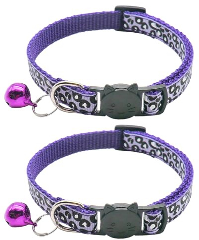 Reflektierend Katzenhalsband mit Sicherheitsverschluss und Glöckchen, 2-Stück Verstellbar Halsband Katze Kitten, 19-32cm (Lila)