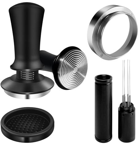 embermomo Kaffee siebträger zubehör Tamper 58mm Set 4-teiliges– Federbelasteter Tamper 58mm Edelstahl Base, wdt Tool mit 6 Nadel, Magnetic Dosierring 58mm Espresso,Runde Silikon tampermatte 58mm