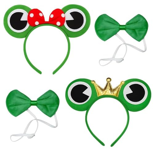 DvBCNMe 4 Stück Frosch Kostüm Set, 2 Haarreif Frosch mit 2 Schleifenfliege, Frosch Haarreif Erwachsene für Rollen Spielen, Karneval, Mottopartys und Bühnenauftritten