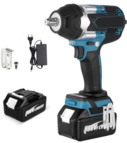 QIAKEFE Schlagschrauber, kabellos, Drehmoment Maxi, 1800 N.m, 3 Geschwindigkeiten, Elektro-Schlagschrauber, 1/2 Zoll, 18 V Akku 3000 mAh Li-Ion mit Schnellladegerät, LED-Arbeitsleuchte, für schwere