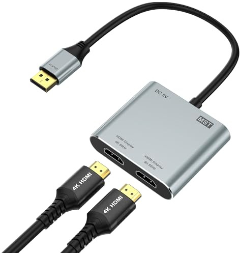 Anehmeta Adaptateur DisplayPort vers double HDMI, répartiteur HDMI 4K @ 60 Hz, affichage étendu 1 entrée 2 sorties Hub MST pour deux écrans, répartiteur DisplayPort vers HDMI pour PC, NVIDIA, carte