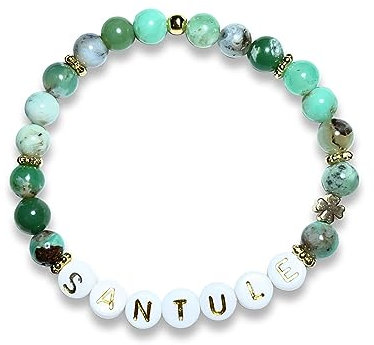 Majas Perlen Armband mit Namen Chrysopras Klee echt vergoldet - echte Edelsteine Mondstein Apatit Citrin Amethyst uvm. zur Auswahl - Geschenk Liebe Glück Geburt Erinnerung - Handmade Personalisierbar