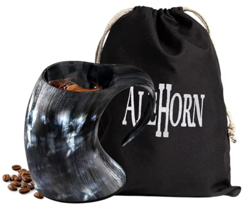 AleHorn Viking Drinking Horn Coffee Mug, 8 oz Beer Stein Tankard, Norse | Natural Ox Horn Vessel for Mead & Ale, Hot or Cold Drinks, Medieval Home Bar Decor, Handcrafted, Unique Gifts for Men