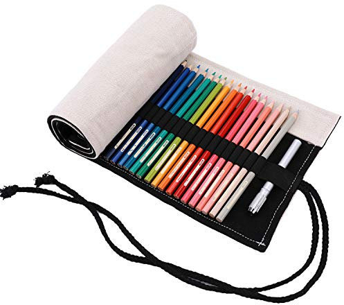 Amoyie - Toile Trousse à Crayon Rouleaux pour 48 Crayons de Couleur - Beige Noir (Les Crayons ne sont Pas fournis)