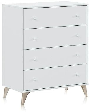 Habitdesign, Kommode mit 4 Schubladen – moderner Schubladenschrank in Artik weiß mit braunen Füßen, platzsparende Hochkommode für Schlafzimmer, Maße: 77,5 x 95 x 40 cm (B x H x T), Modell Sweet