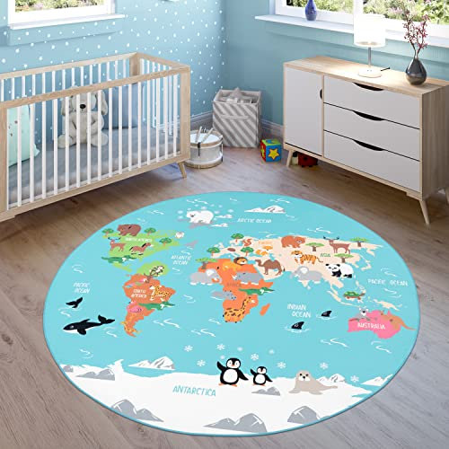 Paco Home Kinder-Teppich Für Kinderzimmer, Spiel-Teppich, Weltkarte Mit Tieren rutschfest In Türkis, Grösse:120x160 cm