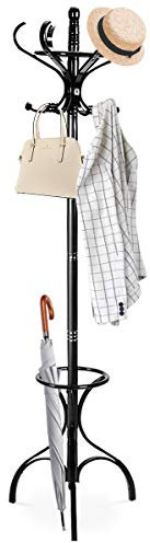 GOPLUS Porte-Manteau sur 3 Pieds avec Support Parapluie, 2 Niveaux et 12 Crochets, 3 Coulours, Support Manteau Perroquet en Bois Courbe, Hauteur de 182CM, pour Entrée, Salon et Bureau (Noir)