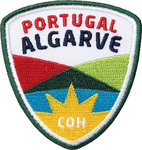 2 x Algarve Portugal Aufnäher gestickt 62 mm/Patch Aufbügler Flicken Wappen Sticker zum Aufnähen Aufbügeln/Reiseführer Faro Camping Caravan Küste Küstenweg portugisisch