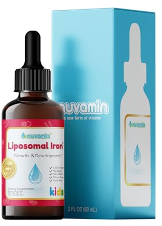 Nuvamin – Liquid Liposomal Iron Drops for Baby, Toddlers, Kids, & Adults, 2Fl.Oz (60ml), 120 Daily Serving. Great Taste - All Natural - Vegan - No Metallic Aftertaste, Berry Flavor