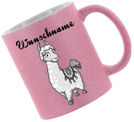 Crealuxe Glitzertasse Pink 'Alpaka Motiv (Wunschname)' personalisiert, Kaffeetasse, Bürotasse