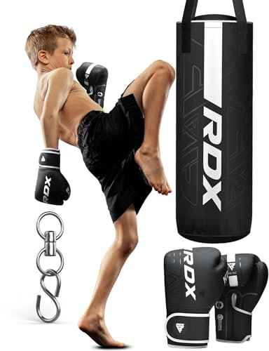 RDX 12 KG Gefüllt Boxsack Kinder mit Boxhandschuhe und Drehwirbel, 60 cm Hängend Box Set Für Boxen Kickboxen MMA Muay Thai Karate, Punchingsäcke für Jungen Mädchen, Maya Hide Leder Kids Punching Bag