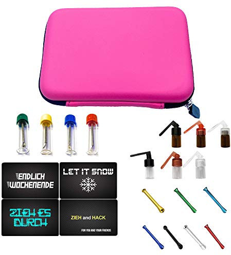 Pinkes rechteckiges Hard Case für Schnupftabak Deluxe Schnupfset mit 7 Röhrchen, 4 Baller Dosierer mit Löffel, 6 x Dosierer mit integriertem Löffel & 4 EC Karten im Carbon Look für unterwegs