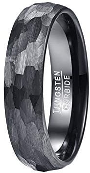 VAKKI Men's Black Tungsten Ring 6mm Brushed Hammered Finish Black Wedding Band Engagement Rings Size T 1/2