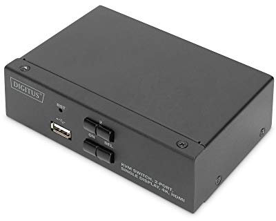 DIGITUS KVM-Switch HDMI – 2-Port Single-Display – 2 PC 1 Monitor – 1x Maus, Tastatur & Audio für 2 Computer – UHD 4K@30Hz (3840 x 2160p) – Hot-Key KVM Umschalter – 1x USB 2.0 Hub – Schwarz