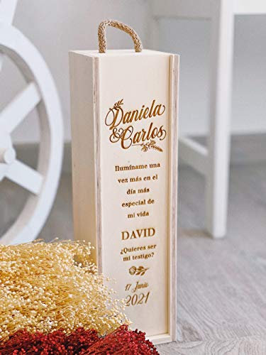 MONAMI - Caja de vino personalizada en madera de pino, grabada con dedicatoria. Regalo original boda, pareja, padrino, madrina, día del padre, testigos. Tapa deslizante y asa superior
