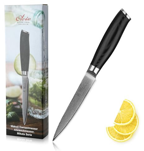 Wakoli Mikata Damast Allzweckmesser – 12 cm Klinge aus 67 Lagen VG10 Damaststahl, ergonomischer Micarta-Griff, scharfes Universalmesser für Fleisch, Fisch und Gemüse, in Geschenkbox