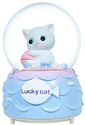 Schneekugel für Kinder, Glückskatzen-Motiv, 80 mm, Tier-Schneekugel aus Kunstharz/Glas mit Farbwechsel-Lichtern für Heimdekoration und Regaldekorationen (B#)