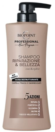 Biopoint Professional Hair Program - Shampoo Capelli Riparazione & Bellezza 5 Azioni, Rigenera e Idrata i Capelli Danneggiati, Formulato con Cheratina, Olio di Argan e Olio di Moringa, 400 ml