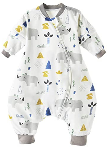 Chilsuessy Baby Ganzejahres Schlafsack mit Abnehmbare Ärmel Kinder Schlafsack mit Füßen 1.5 Tog 100% Baumwolle,Ganzjährig Schlafsack mit Beinen, Süßes Nashorn, 70/Baby Höhe 70-80cm