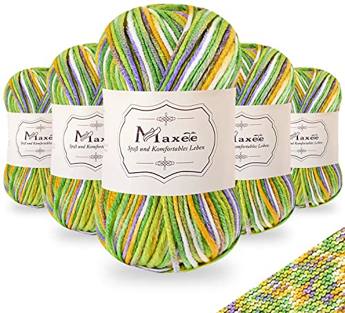 Maxee Handstrickgarn, 5x50 g Häkelgarn, Bunt Farbverlauf Acrylgarn zum Stricken, Weicher Wolle zum Häkeln, Mehrfarbiges Garn zum Stricken Häkeln und Basteln