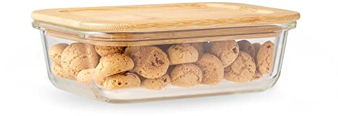 KHG Frischhaltedose Glas Holzdeckel Bambus, rechteckig 17x12,6x5,7 cm, Kapazität 650 ml, auslaufsicher, luftdicht, spülmaschinengeeignet, mikrowellen- und backofengeeignet