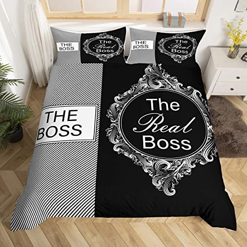 The Boss The Real Boss Couples Bedding Sets Black and White Duvet Cover Grey Retro Dressing Mirror Comforter Cover King Size,Couples Gifts for Boyfriend and Girlfriend Gifts for Men