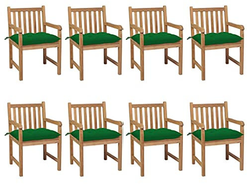 Gartenstühle 8er Set Holzstühle, Balkonstühle Gartensessel Armlehnen mit Sitzkissen in Grün, Balkonmöbel Terrassenmöbel Relaxsessel, Massivholz Teak 58x60x90cm