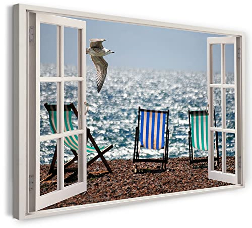 Printistico Bilder Fensterblick 60x40cm Baumwoll-Leinwand auf Keilrahmen mit Aufhänger moderner Kunstdruck XXL Wandbilder Wand-Dekoration Möwe am Strand Liegestühle Meer Sommer - Natur-Fotografie