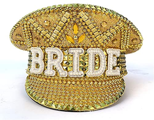 Aurorad Gold Pailletten Brennen Frauen Braut Militär Hut Luxus Braut Kapitän Sergeant Hut Strass Festival Geburtstag Henne Teilen Hut (Color : Gold Bride, Size : 7 1/8-7 3/8)