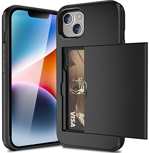 ACOCOBUY for iPhone 14 Case with Card Holder Sliding Cover Hidden Pocket IDs Credit Cards Slot Heavy Duty Shockproof Protective Dual Layer Wallet Phone Cover Back Shell for Men Women 6.1 inch Black