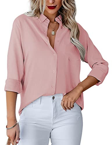 Homlan - Camicia da Donna con Scollo a V, a Maniche Lunghe, Elegante e Casual, con Bottoni, in Tinta Unita e con Tasca sul Petto, Colore: Rosa., XXL