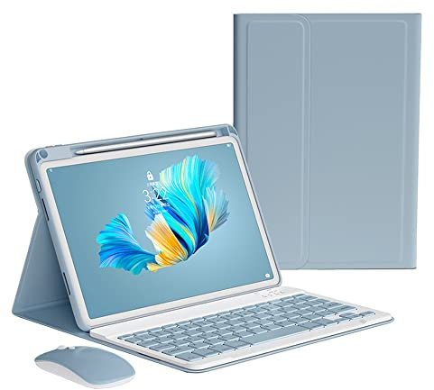 iPad 9th 8th 7th Generation Air 3 Pro 10.5 Keyboard Case Mouse, Magnetically Detachable Wireless Color Keyboard Slim Lightweight Smart Case with Pencil Holder (Misty Blue)