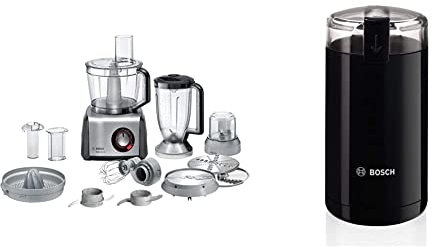 Bosch Elettrodomestici Robot da Cucina Multifunzione Compatto 1250 W, Ciotola 3,9 L con Accessori Per Tagliare, Alluminio + Bosch Elettrodomestici TSM6A013B Macina Caffè 180 W, 0.08 kg, Plastica, Nero