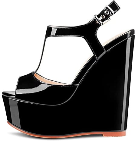 NobleOnly Donna Alto High Zeppa Piattaforma Tacco Aperte sulla Punta Cinturino alla Caviglia T-strap Slingback Fibbia Sandali da Matrimonio Feste 15 CM Heels Scarpe Nero Verniciata 40 EU