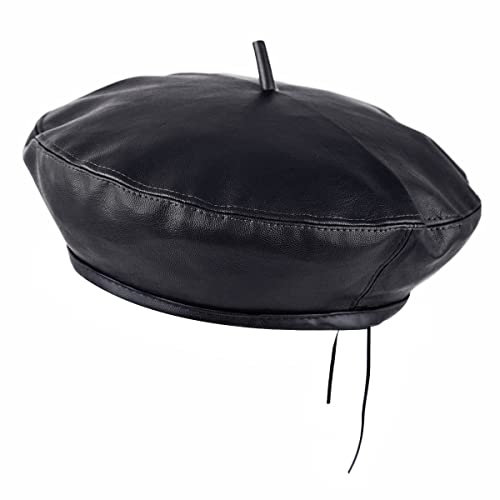 KYEYGWO Damen Barett Hut aus PU Leder, Verstellbar Französischer Baskenmütze Einfarbig Casual Maler Kappe Klassischer Outdoor Mütze für Frauen, Schwarz