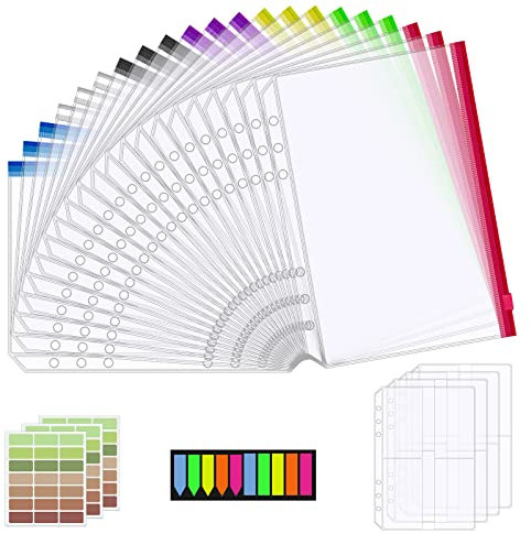 25Pcs A5 Binder Taschen Set, enthält 21X 6 Löcher Binder Reißverschlus, 4 Sammelkartenhüllen, Aufkleber, Wasserdicht Geld Budget Umschläge für Dokumente, Notizbücher, Karten, Bargeld, Fotos