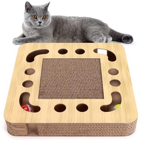 Nobleza Katzen kratzbrett mit Minze,Katzenspielzeug Interaktives mit 2 Klingelballs,3 in 1 Wellpappe Kratzmatte Katze